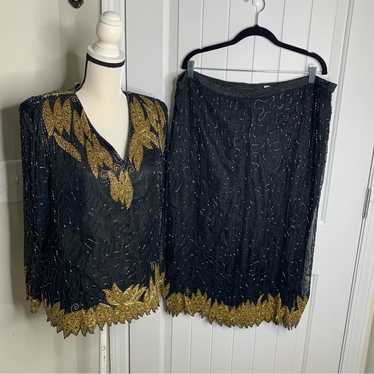 Vintage 80s silk embellished beaded sequin 2 piec… - image 1