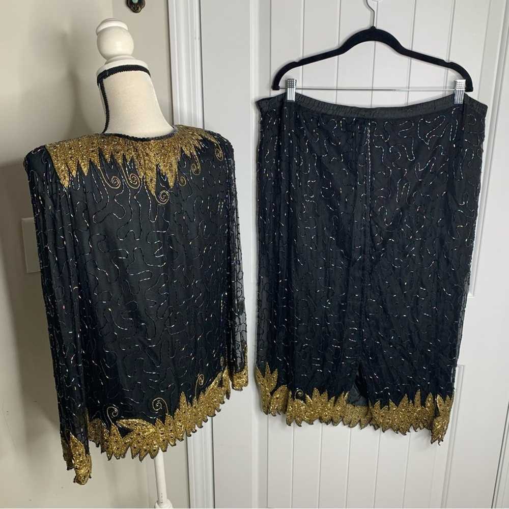 Vintage 80s silk embellished beaded sequin 2 piec… - image 2