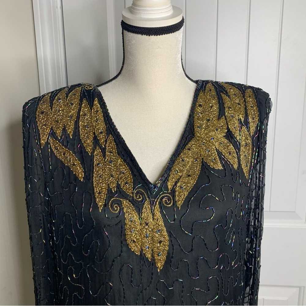 Vintage 80s silk embellished beaded sequin 2 piec… - image 6