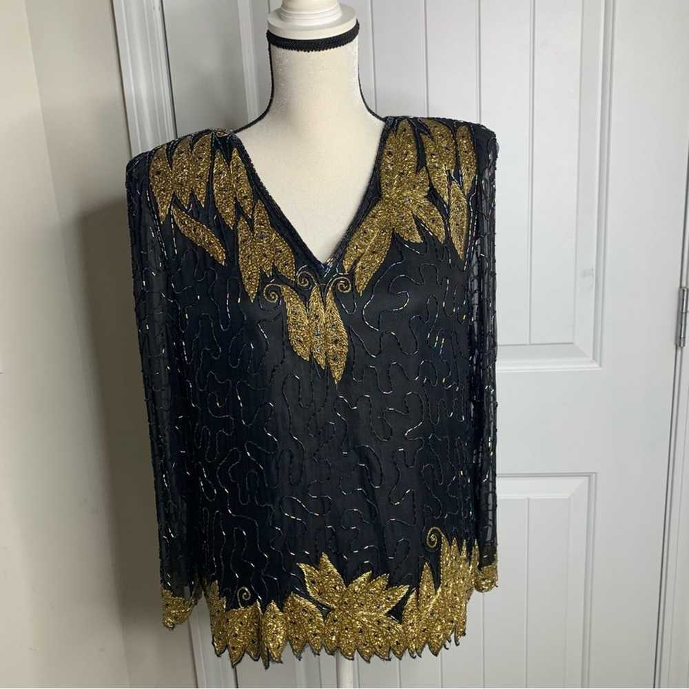 Vintage 80s silk embellished beaded sequin 2 piec… - image 7