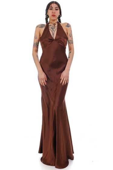 Vintage Y2K Shiny Brown Halter Mermaid Gown - S/M