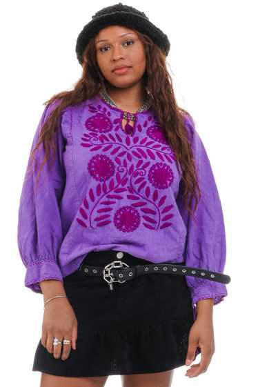 Vintage 70's Purple Floral Embroidered Shirt - S/M