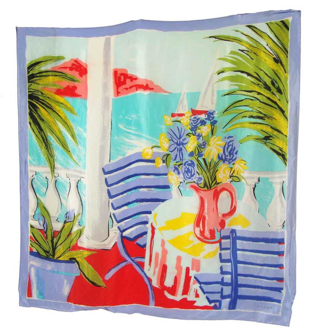 Vintage Echo Silk Scarf Tropical Ocean View Shawl… - image 1