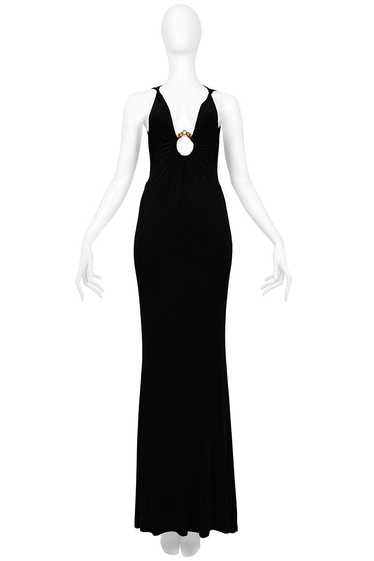 ROBERTO CAVALLI BLACK JERSEY EVENING GOWN WITH GOL