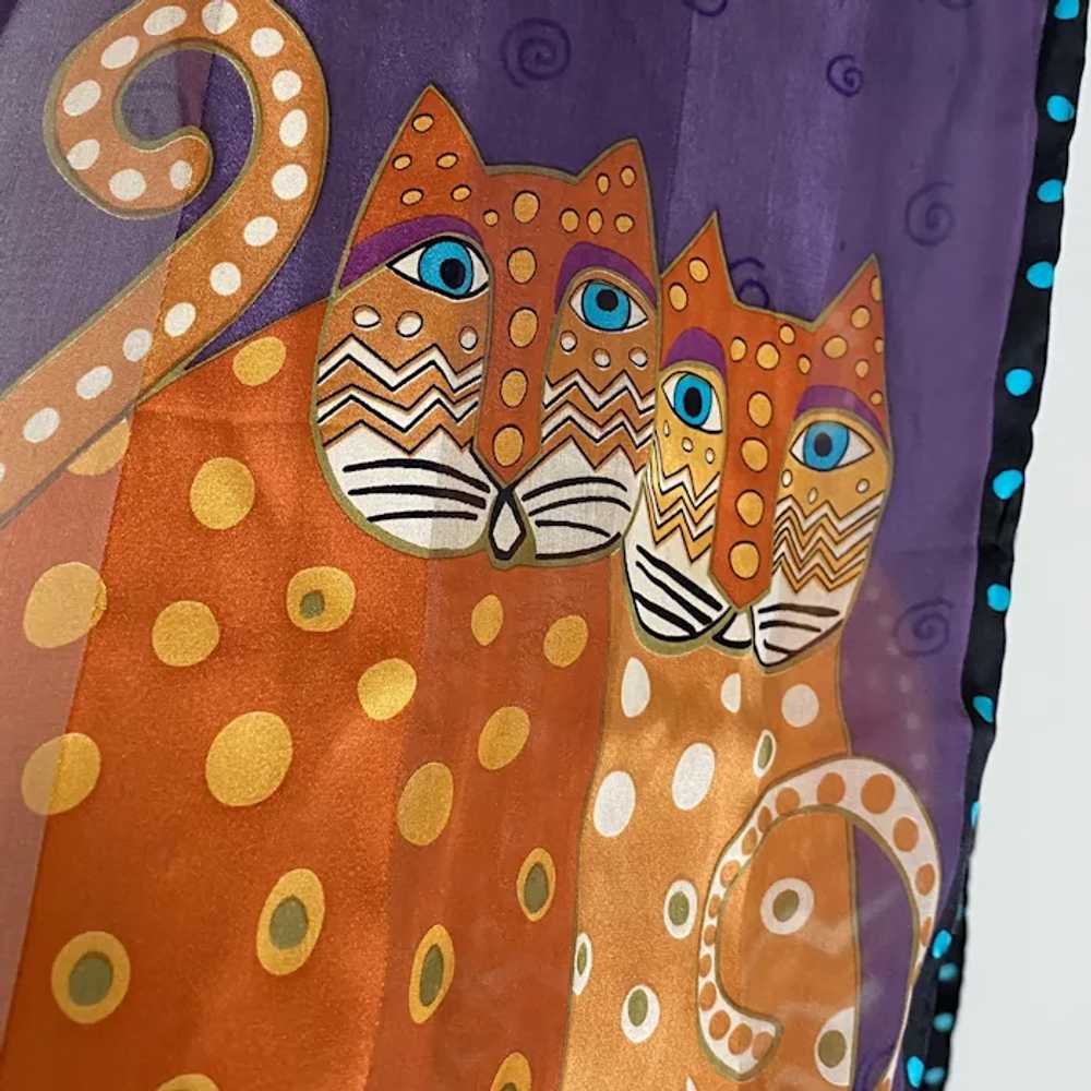 Laurel Burch Silk Scarf CATS Purple Orange Oblong… - image 3