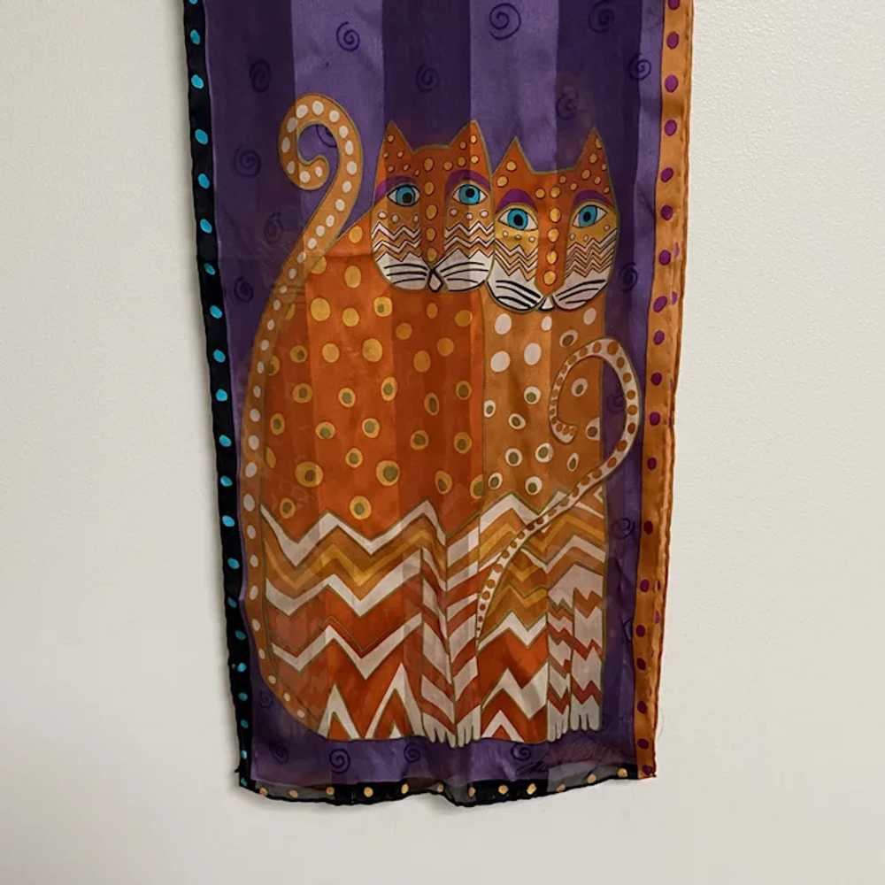 Laurel Burch Silk Scarf CATS Purple Orange Oblong… - image 5