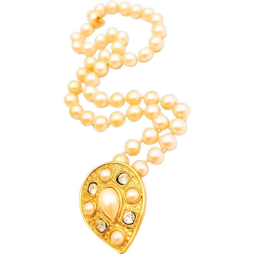 Signed Richelieu Faux Pearl Necklace With Rhinest… - image 1