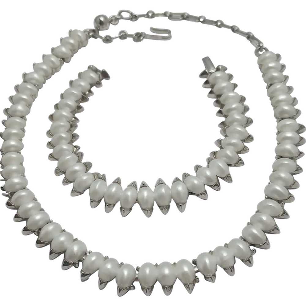 Crown Trifari Faux Pearls Cabochons Silver Tone C… - image 1