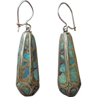Ethnic Turquoise Stone Inlay Drop Pierced Earring… - image 1