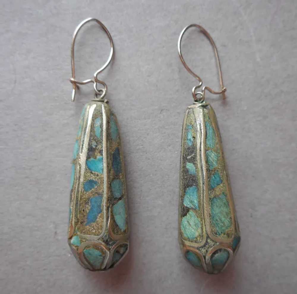 Ethnic Turquoise Stone Inlay Drop Pierced Earring… - image 2