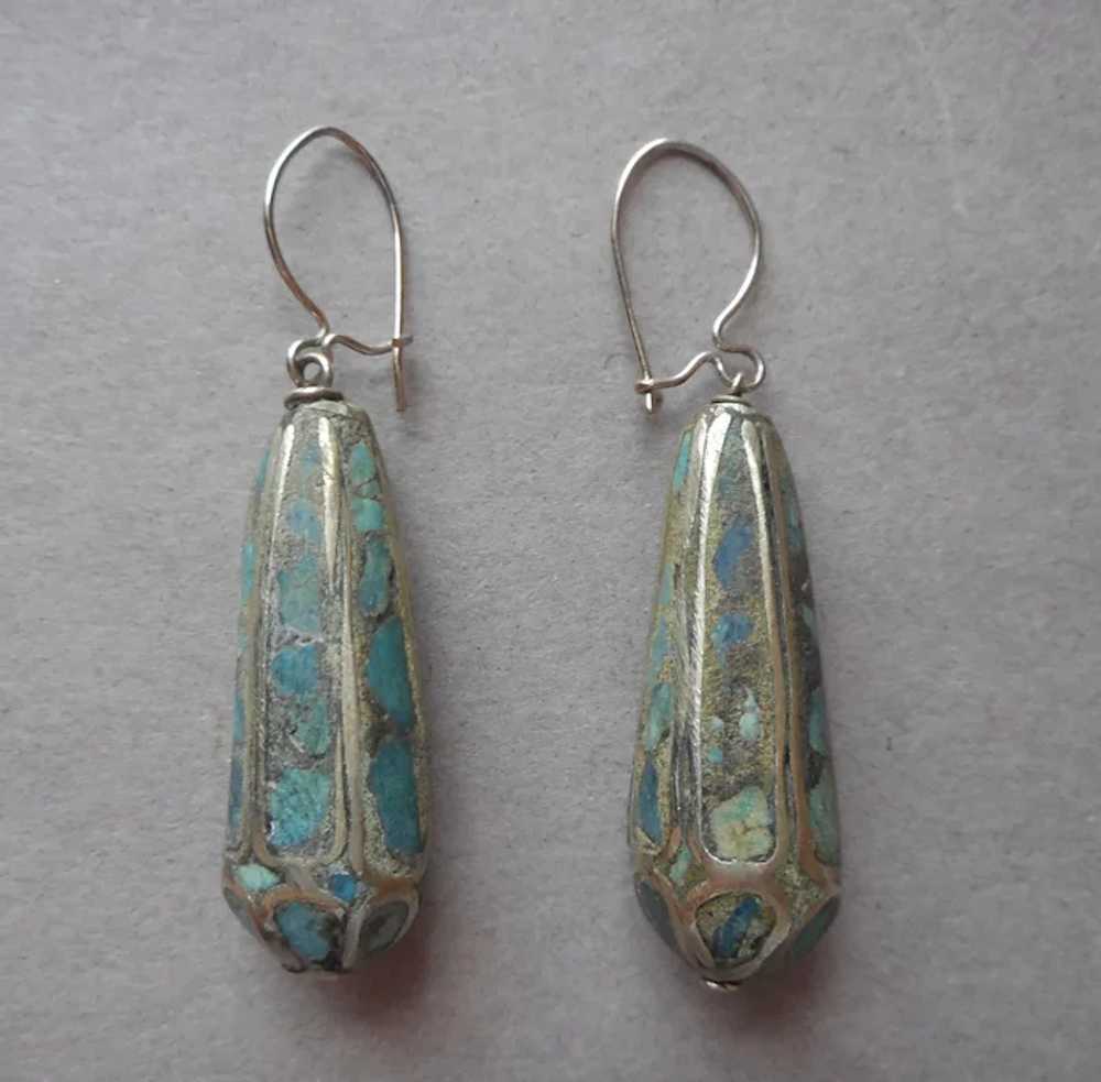 Ethnic Turquoise Stone Inlay Drop Pierced Earring… - image 3