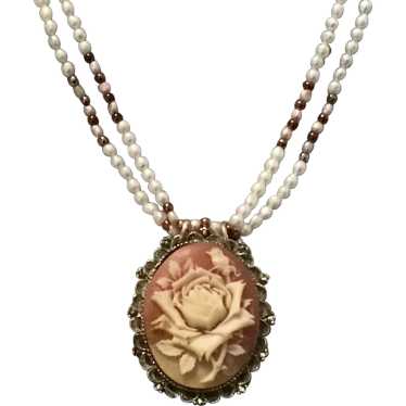 Gold Tone Simulated Pearl Faux Cameo Floral Penda… - image 1