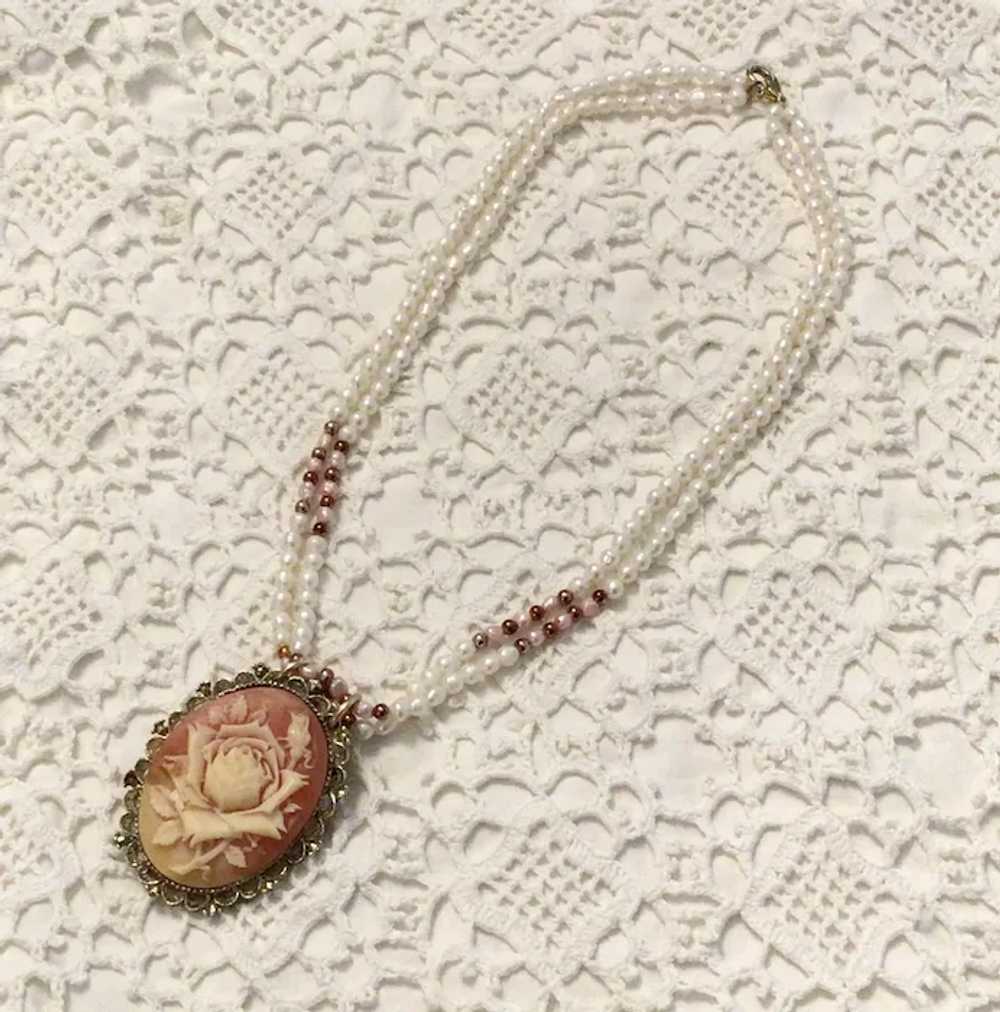 Gold Tone Simulated Pearl Faux Cameo Floral Penda… - image 3