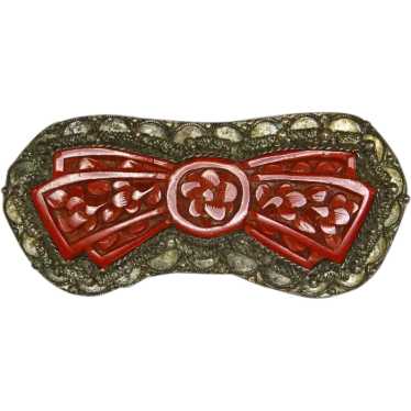 Red Cinnabar Brooch – Unusual Bow Shape – Chinese… - image 1