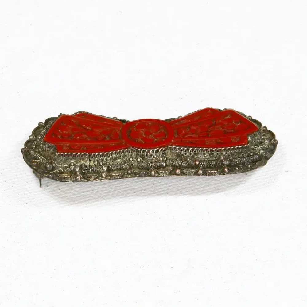 Red Cinnabar Brooch – Unusual Bow Shape – Chinese… - image 4