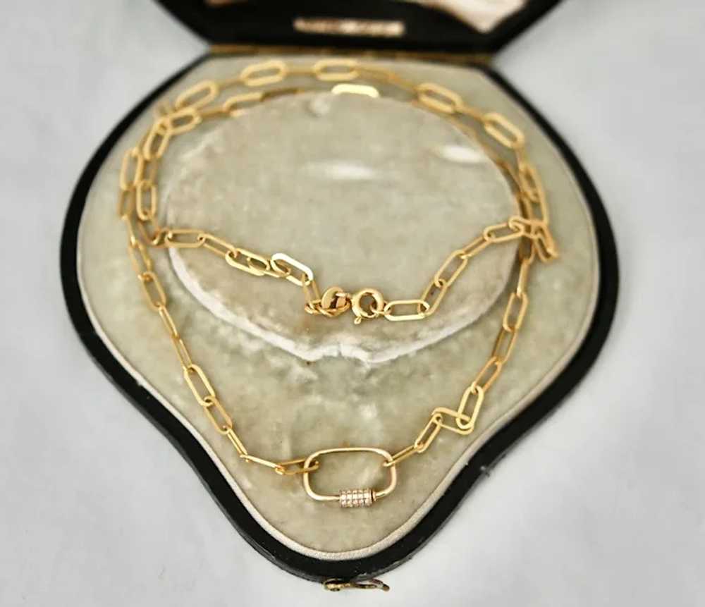 18K Paperclip Chain Necklace w Diamond Pendant Lo… - image 2