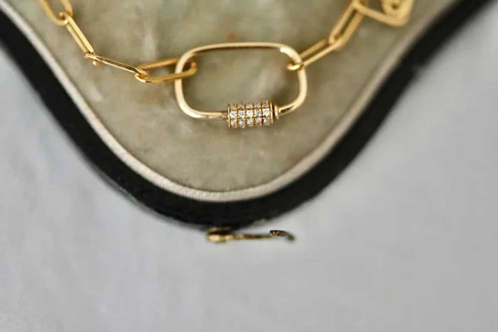 18K Paperclip Chain Necklace w Diamond Pendant Lo… - image 3