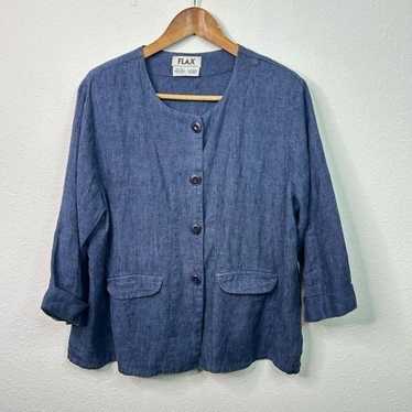 Flax Button Up Shirt Jacket Pockets Dark Blue Med… - image 1