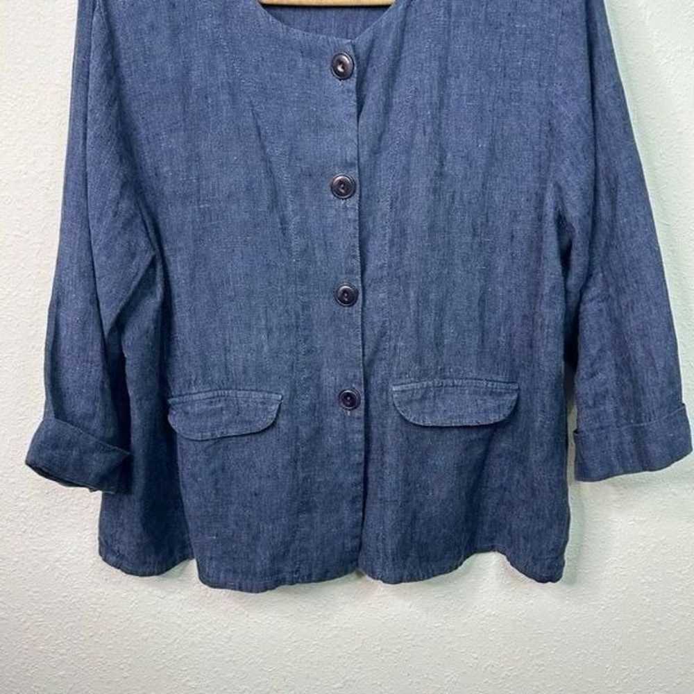 Flax Button Up Shirt Jacket Pockets Dark Blue Med… - image 3