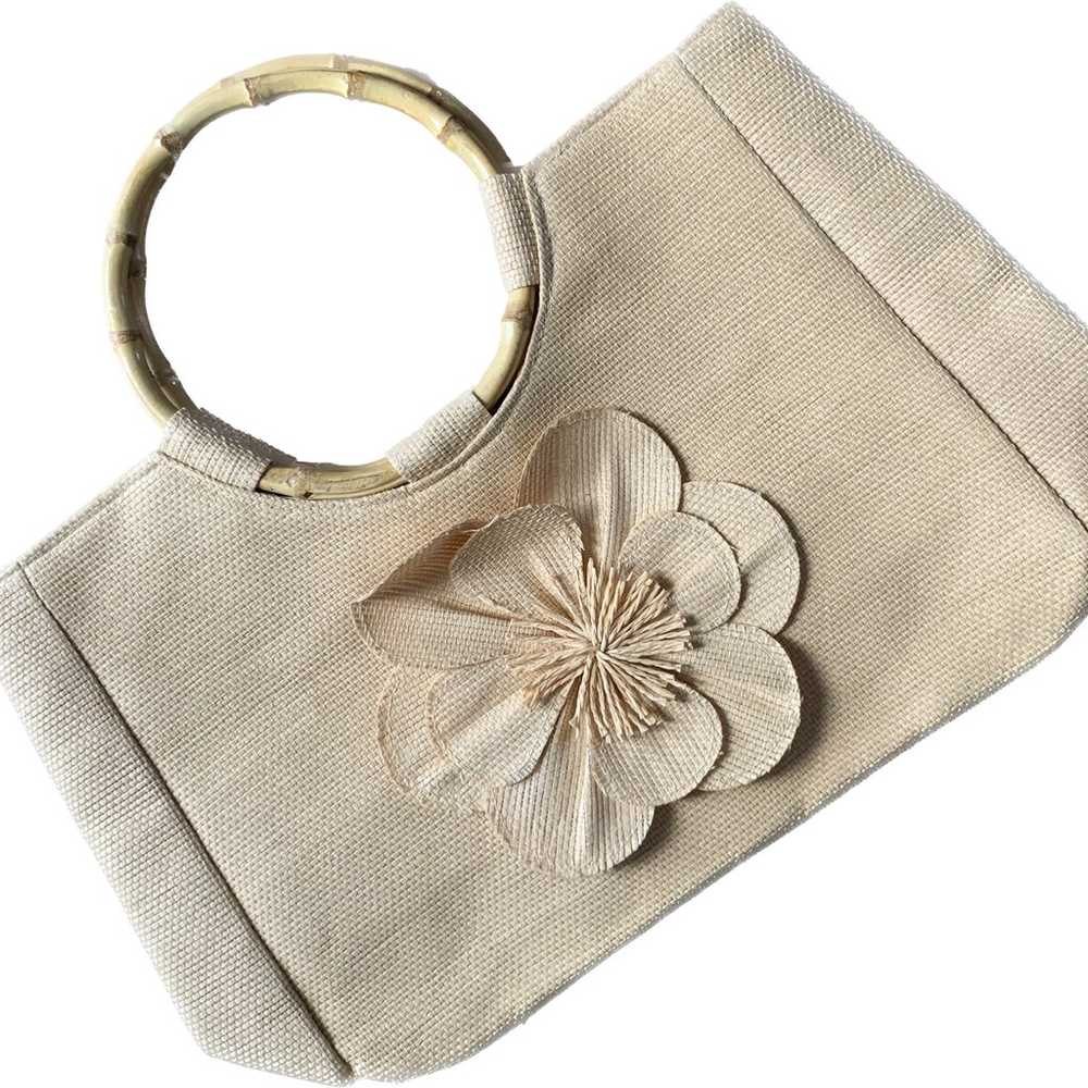 Vintage Neiman Marcus straw bamboo floral handbag - image 1