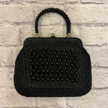 Vintage Black Clutch Beaded Black Gold Small Even… - image 1