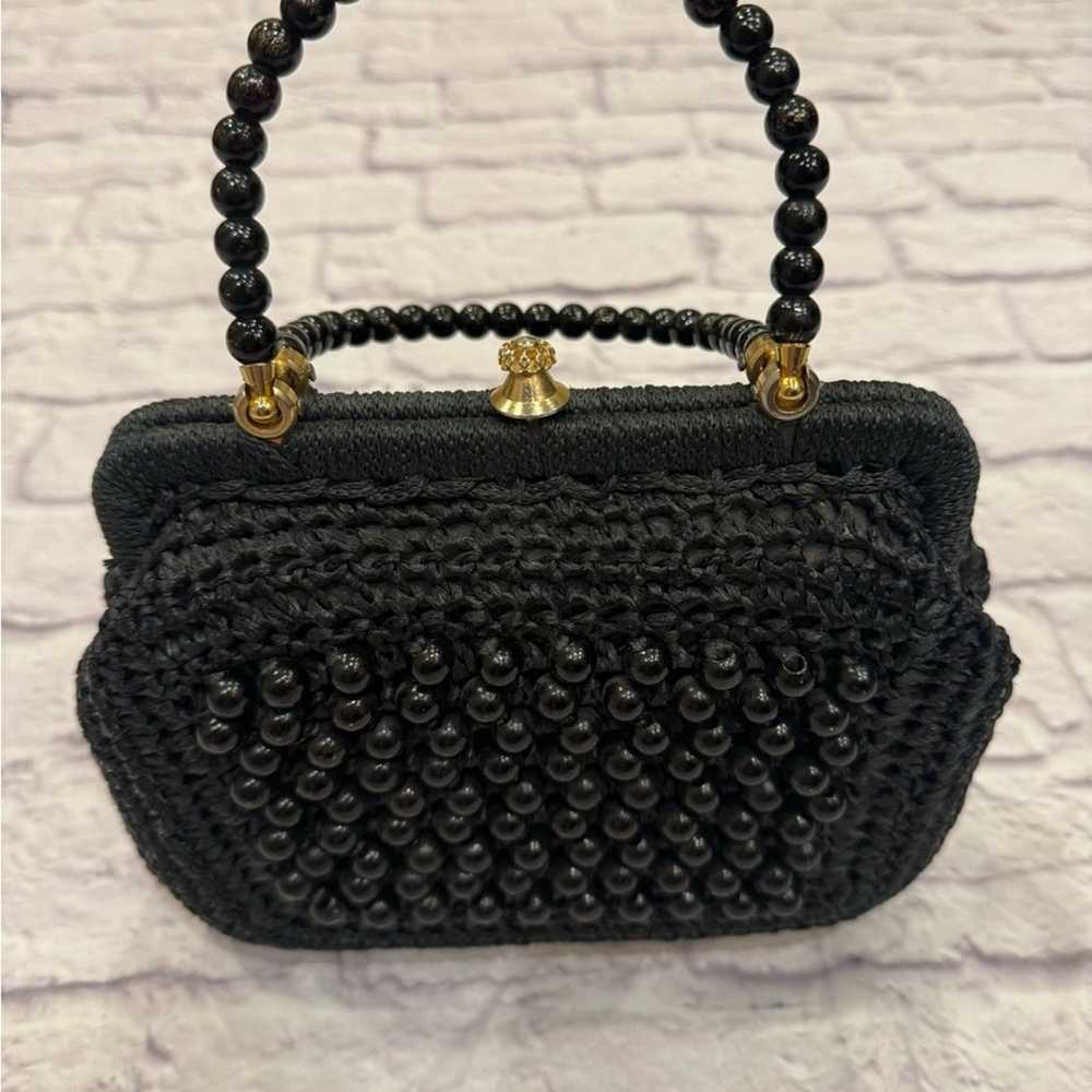 Vintage Black Clutch Beaded Black Gold Small Even… - image 3