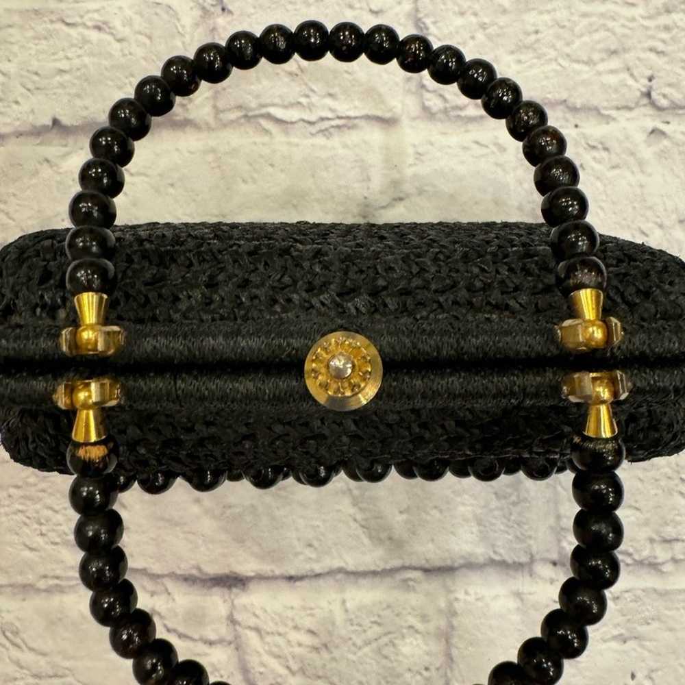 Vintage Black Clutch Beaded Black Gold Small Even… - image 6