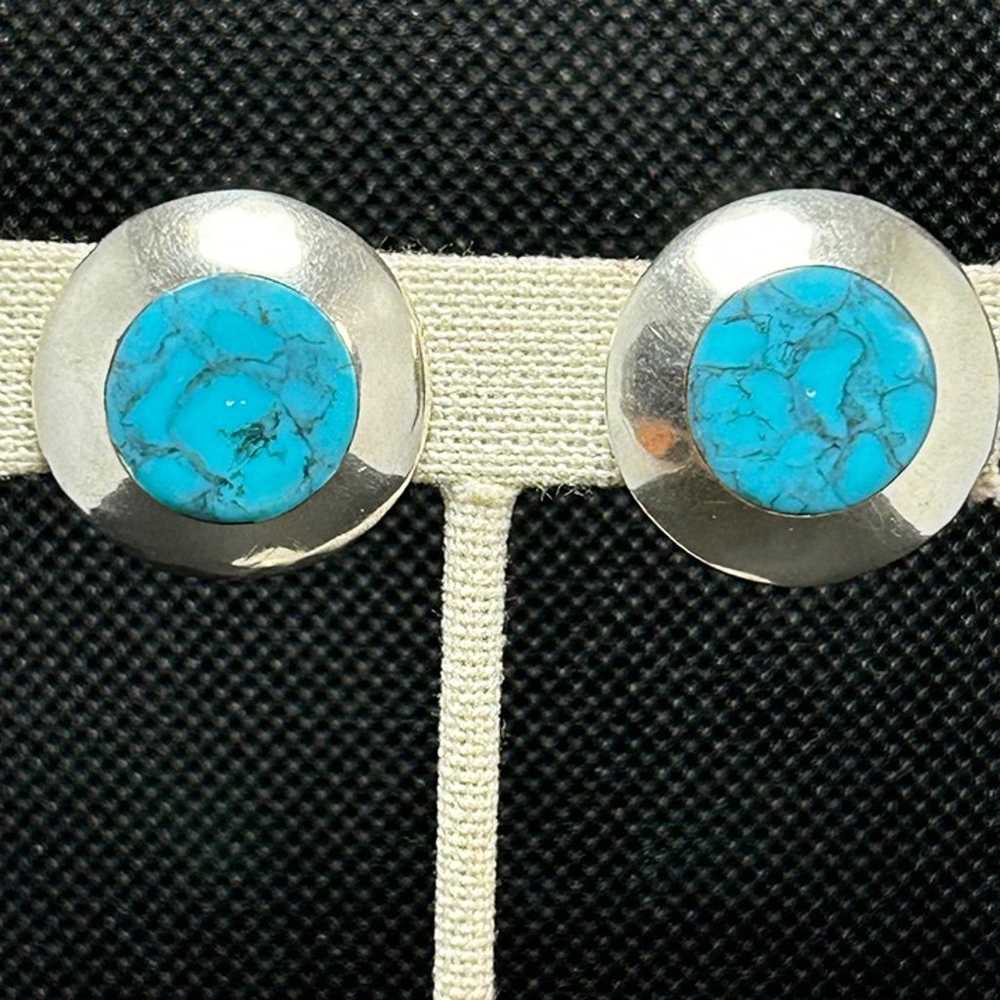 Vintage Sterling Silver 925 Turquoise Round Earri… - image 1