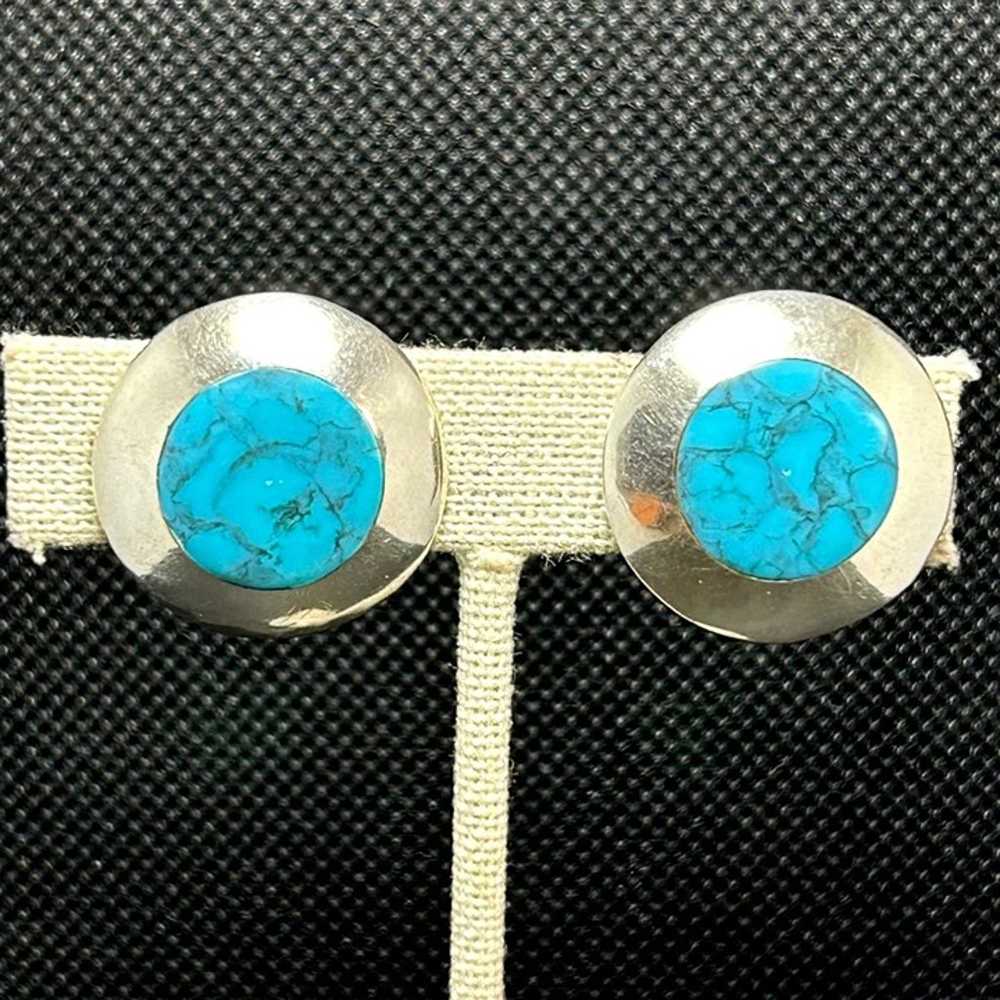 Vintage Sterling Silver 925 Turquoise Round Earri… - image 2