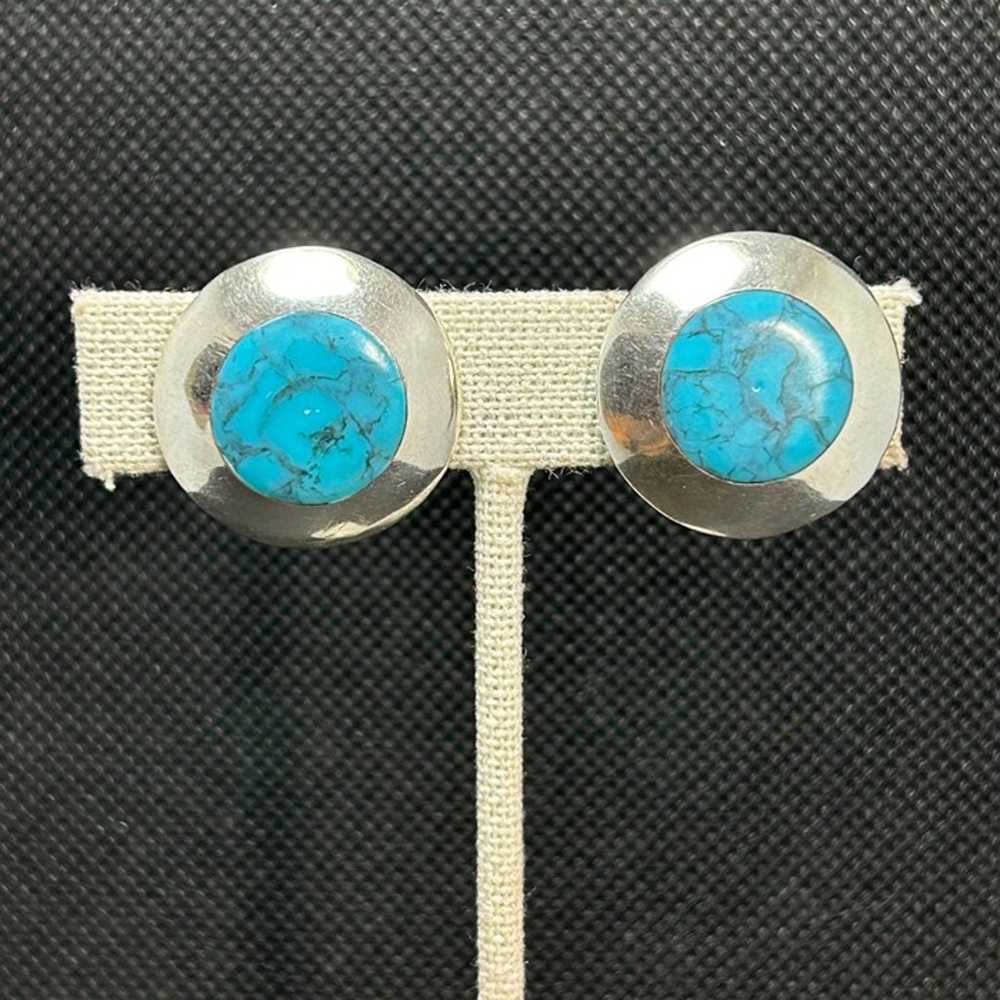 Vintage Sterling Silver 925 Turquoise Round Earri… - image 5