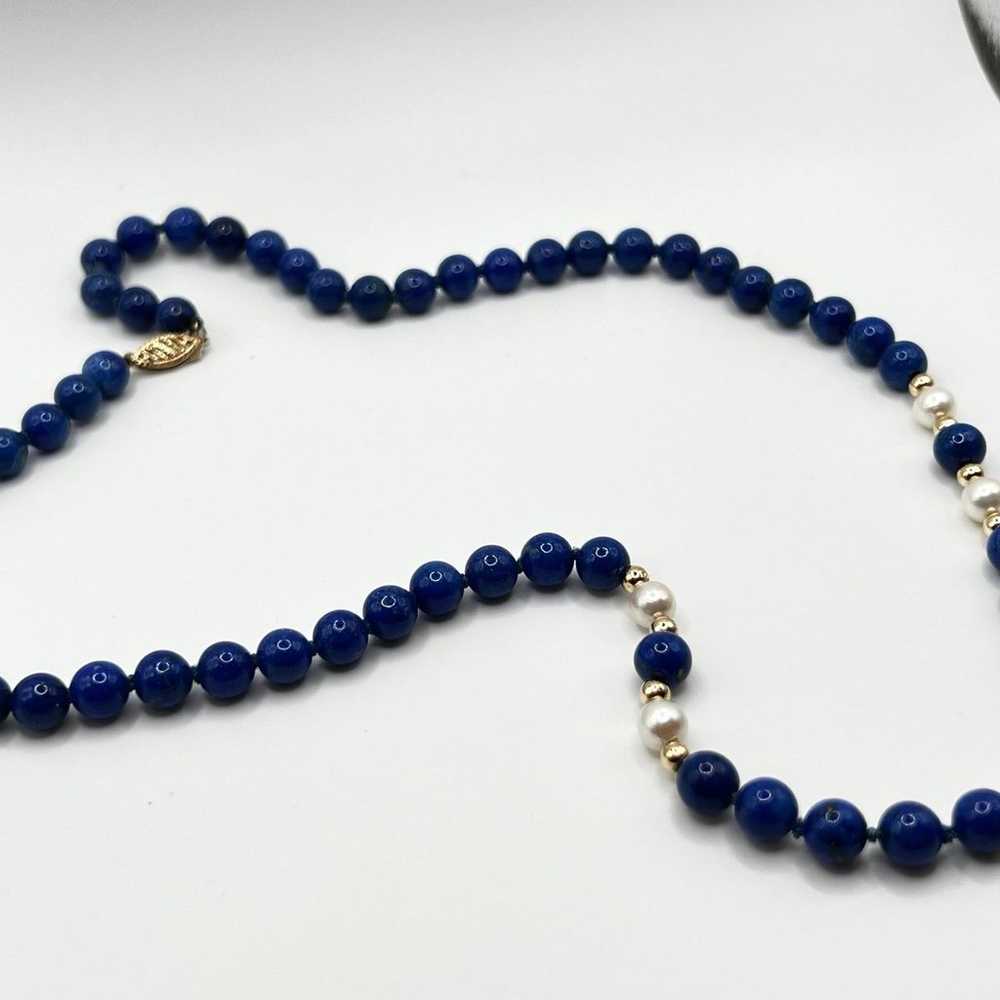 Vintage Lapis Lazuli Beaded Necklace with Pearl &… - image 1