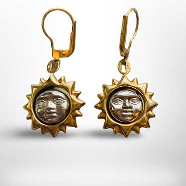 Vintage 14k Two Tone Gold Boho Sun Face Earrings