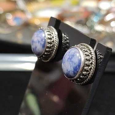 Vintage Sterling Silver Chunky Sodalite Studs - image 1