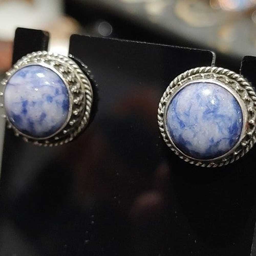 Vintage Sterling Silver Chunky Sodalite Studs - image 2