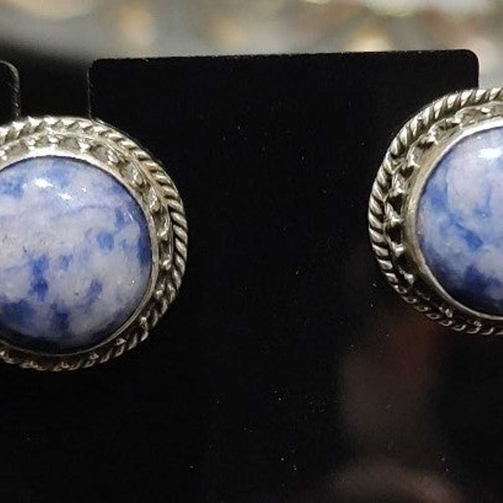 Vintage Sterling Silver Chunky Sodalite Studs - image 3