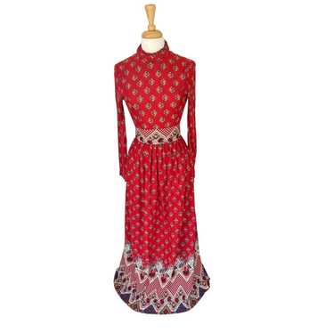Vintage 70s Victor Costa Red Bohemian Maxi Dress … - image 1