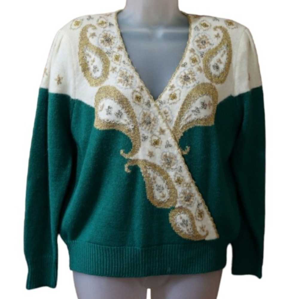 Vintage Jaclyn Smith Green & White Deep Vneck Bea… - image 1