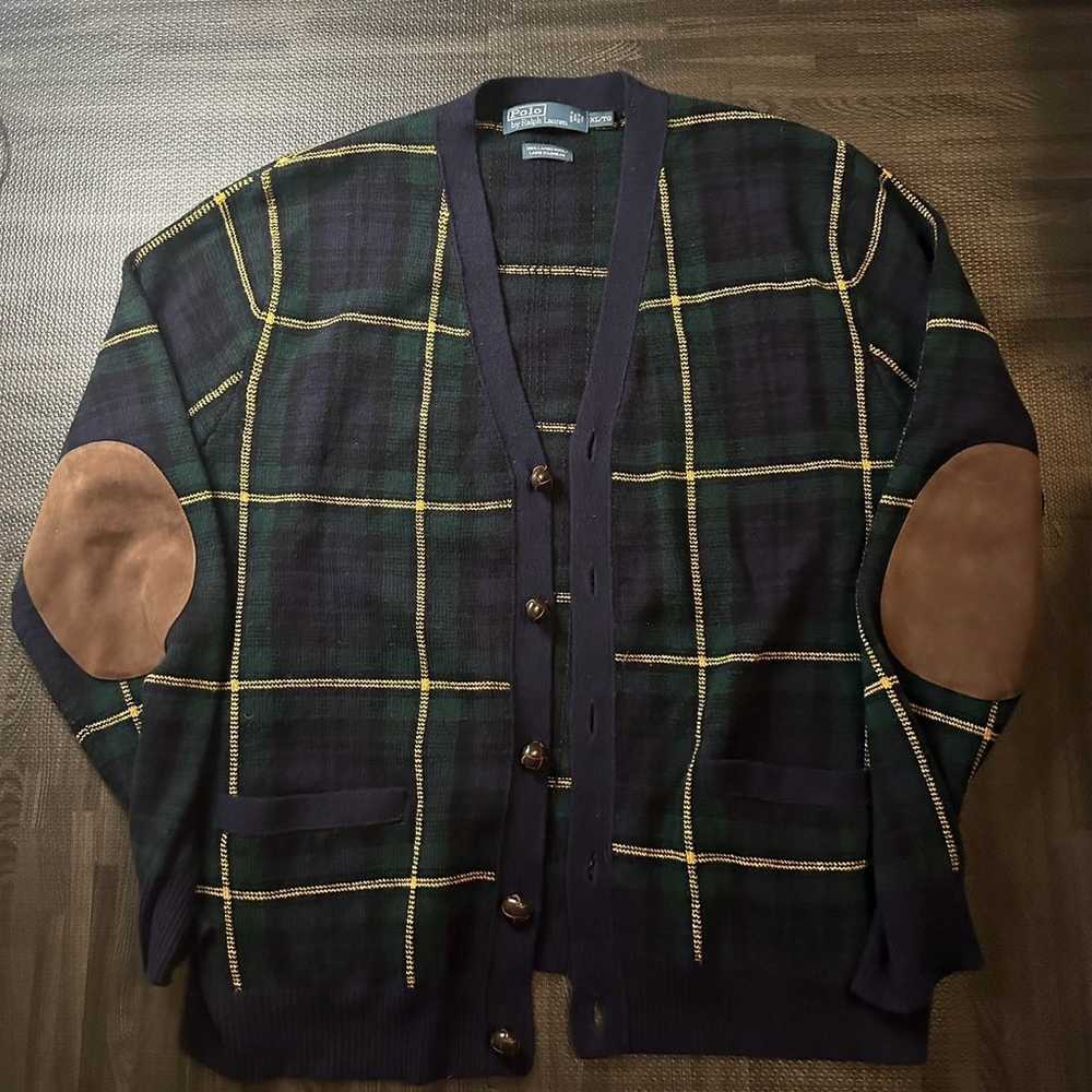 Polo Ralph Lauren Green Plaid Cardigan Leather El… - image 1