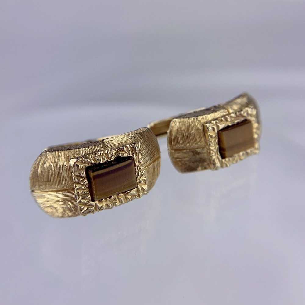 Retro Tigers Eye Modernist Gold Tone Cuff links B… - image 1