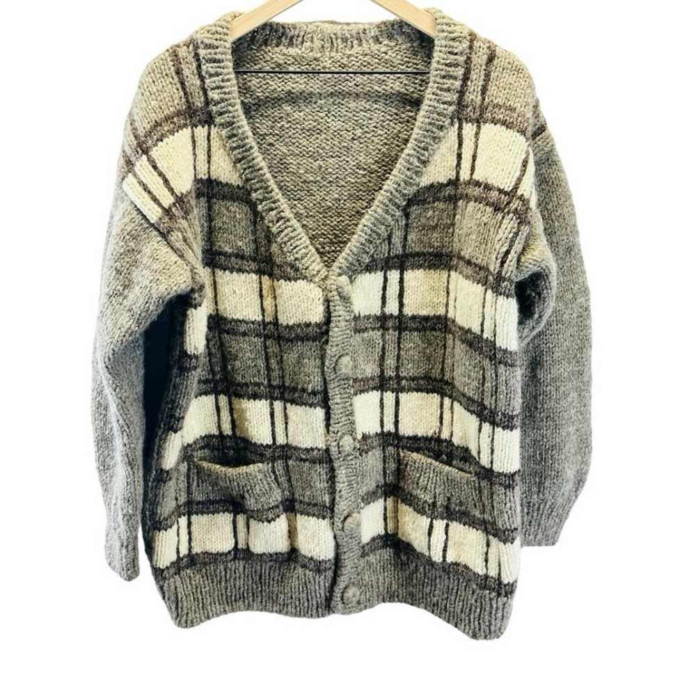 Vintage Handmade Wool Brown Plaid Cardigan Sweate… - image 1