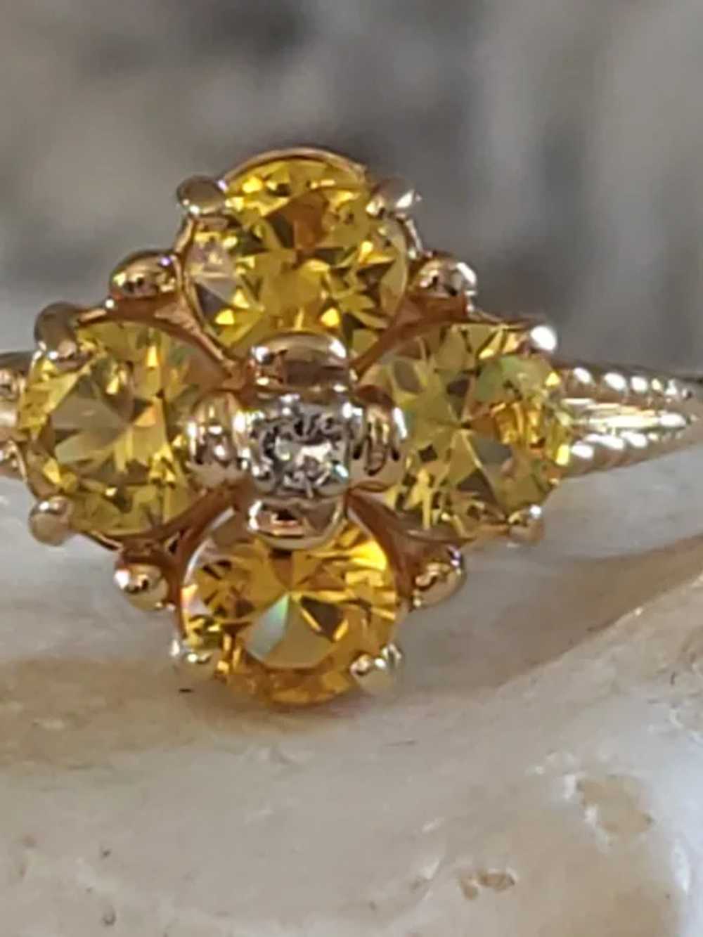 10K Gold and Yellow Sapphire Four Stone Flower Ri… - image 2