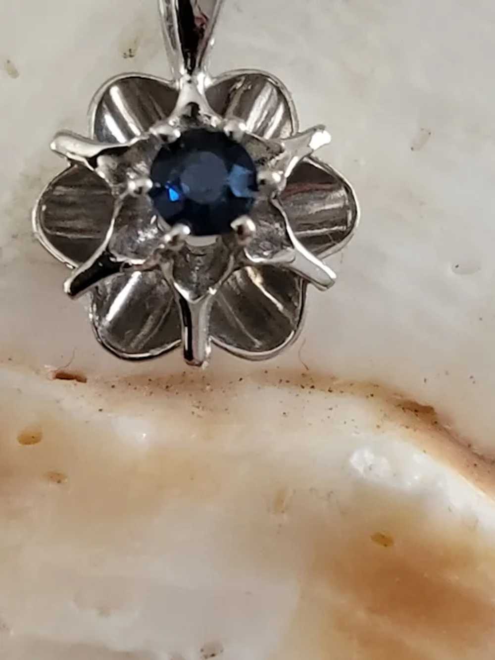 14K Gold Blue Sapphire Star Burst Flower Pendant … - image 2