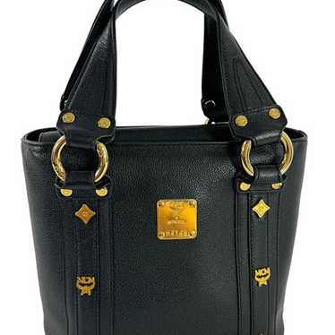 MCM Black Leather Munchen Studded Satchel Tote Bag