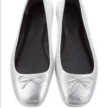 Tory Burch Laila Leather Silver Ballet Flats
