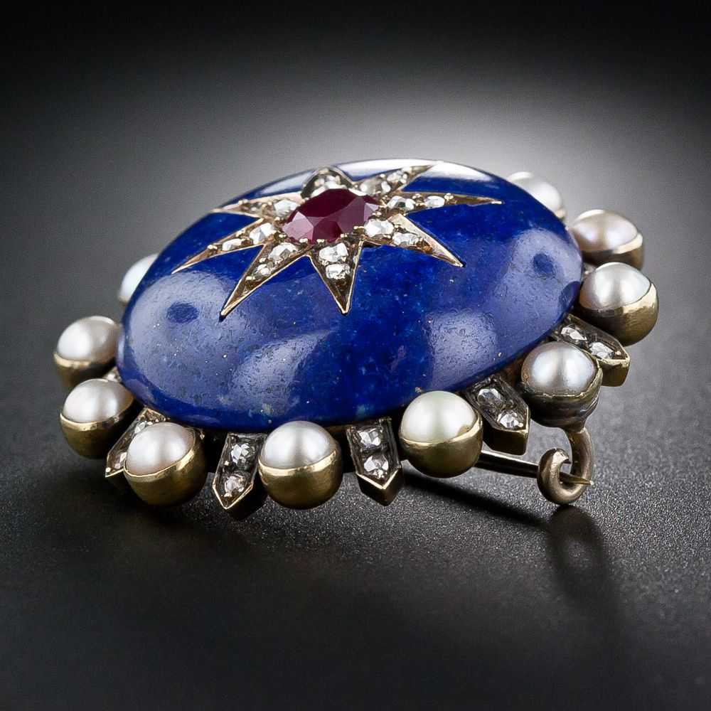 Victorian Lapis, Ruby, Pearl and Diamond Brooch/P… - image 3