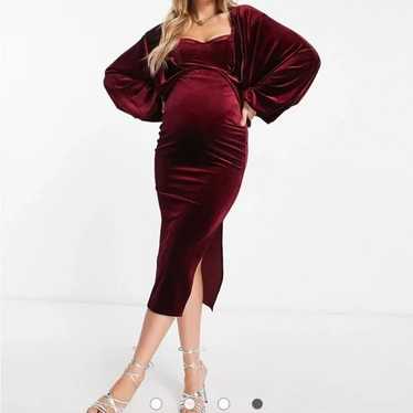 Burgundy Velvet Maternity Midi Dress - image 1