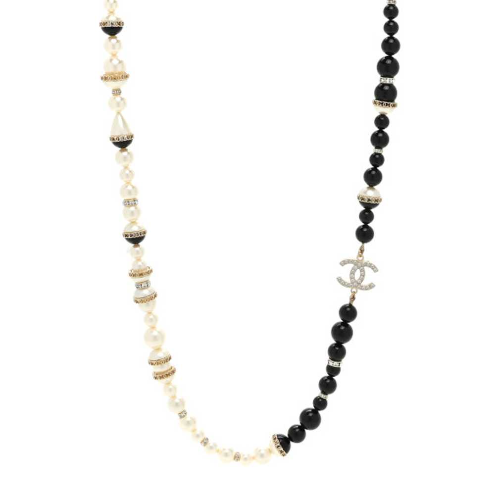 CHANEL Pearl Beaded Crystal CC Long Necklace Gold… - image 1