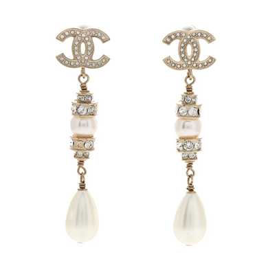 CHANEL Pearl Crystal CC Drop Earrings Gold