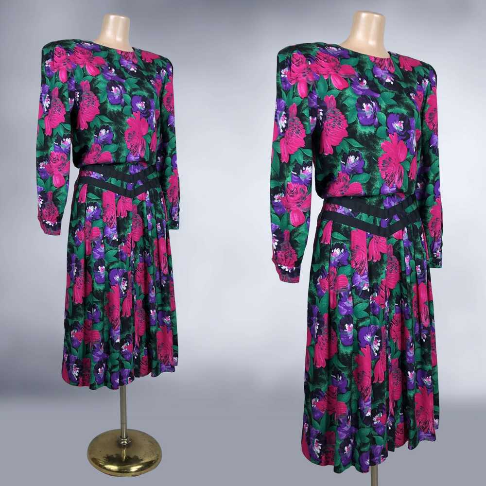 80s Vintage Black Floral Rayon Blouson Garden Par… - image 5