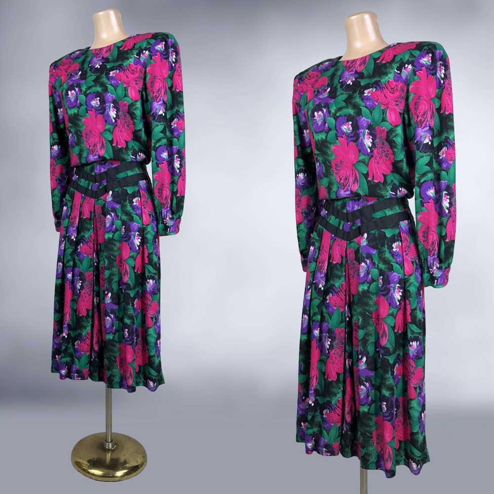 80s Vintage Black Floral Rayon Blouson Garden Par… - image 6